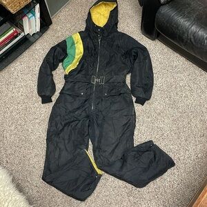 Vintage 70s John Deere Black Hooded snowsuit with Green and Yellow Accents